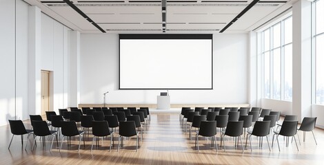 Contemporary seminar room with chairs, podium, microphone, and large blank screen in minimal style on a bright interior background. Ai generative