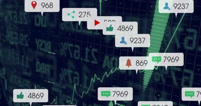 Floating social media icons over green financial chart, showing numeric comment like view counts