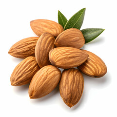 close-up view of scattered organic almonds on a white background