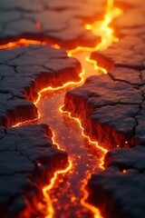 Cracked dry earth revealing glowing lava underneath with flowing molten textures and intense heat distortion as the golden sun sets in the background
