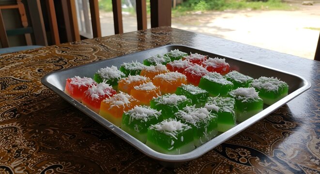 Colorful Kuih Koci Delight: A Tray of Vibrant Malaysian Desserts Topped with Shredded Coconut