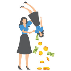 Greedy businesswoman hold small people shaking to take their money symbolizing tax hike