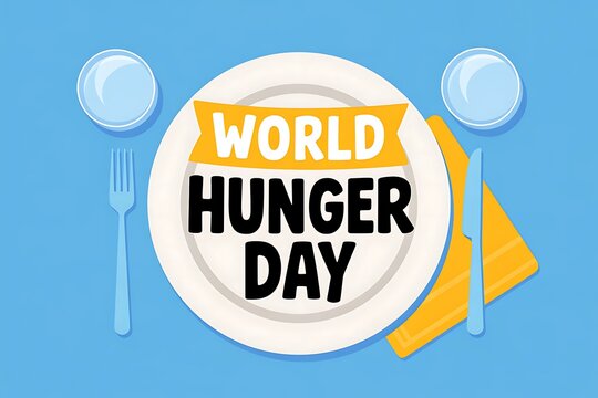 World Hunger Day: A poignant reminder of global hunger empty plate with cutlery simple graphic design blue background - Powered by Adobe