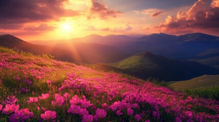 Obraz premium Blooming pink flowers in a vibrant landscape during sunset with mountains in the background and colorful sky Copy Space, Sunset Over a Blooming Purple Mountain Meadow During Springtime Sunset Over
