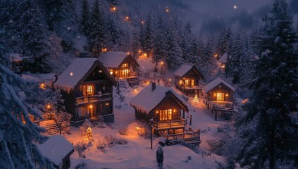 Cozy winter cabin village nestled in snowy mountains, illuminated by warm lights