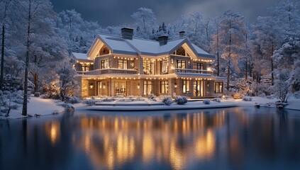Fototapeta premium Elegant winter home by a lake