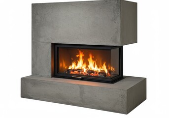 Modern concrete fireplace with burning fire and black frame against a white background indoors home decor