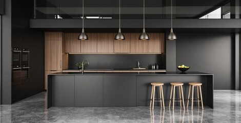 Sleek minimalist kitchen interior with matte island, wood grain cabinets, and pendant lighting in a modern home space. Ai generative
