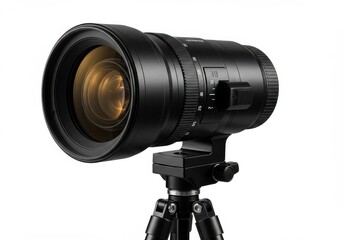 Close up of a black camera lens mounted on a tripod against a white background in a studio setting