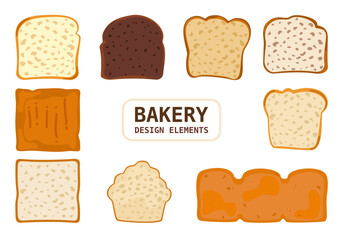 Bakery and fresh pastries set. Collection of homemade breads, fresh french bread slices, baguettes, assortment. Bakery and shop. Flat design vector illustration elements. Isolated. White background.