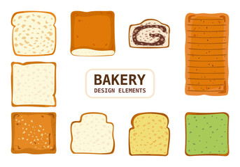 Bakery and fresh pastries set. Collection of homemade breads, fresh french bread slices, baguettes, assortment. Bakery and shop. Flat design vector illustration elements. Isolated. White background.