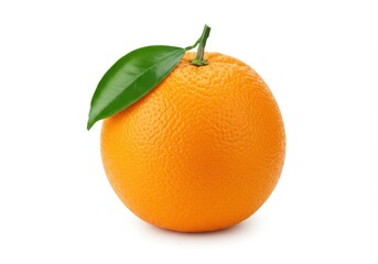 Close up view of a single orange with a green leaf attached on a plain white background in studio shot