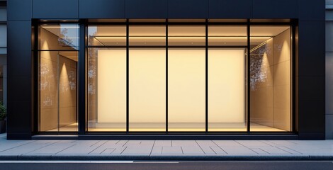 Empty modern storefront with large glass windows, warm beige lighting inside, minimalist architectural style, on clean city street background. Ai generative