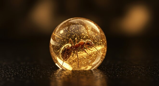 Crematogaster ant encased within a sphere of glittering amber particles on a dark surface
