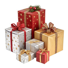 Obraz premium Isolated Christmas Gift Boxes in Red, Silver, and Gold with Bows on White Background