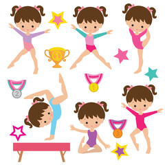 Cute little girl  gymnast vector cartoon illustration