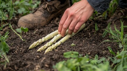 White asparagus hand pick organic harvest Gardener planting fresh asparagus in rich soil.