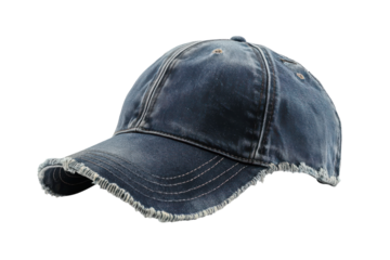 Distressed Denim Baseball Cap a vintage style blue jean hat with frayed edges displayed on a black background The perfect accessory for a on transparent background