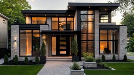 Obraz premium Modern luxury home with large windows, stone facade, and landscaped front yard at dusk.