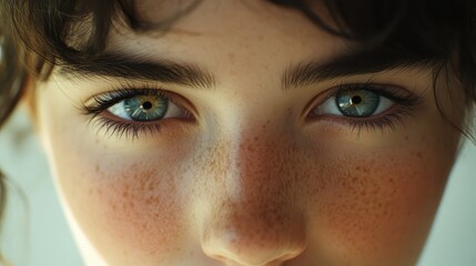 Fototapeta premium Close-up portrait shows a woman's face with freckles and captivating blue-green eyes. Illustrates beauty, genetics, skincare, or can highlight the importance of eye health.