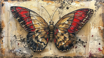 Beautiful spring burgundy gold butterfly on golden decorative background as wallpaper illustration, Elegant Burgundy Gold Butterfly, butterfly on old wall