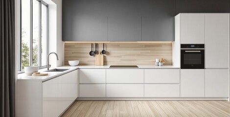 Fototapeta premium Sleek white kitchen cabinets with built-in oven, wood backsplash, utensils, and bowls in a modern style on light wood floor, daylight scene. Ai generative