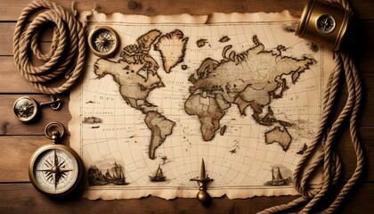 Naklejka premium Exploring Vintage World Map with Compasses and Ropes on Wooden Table