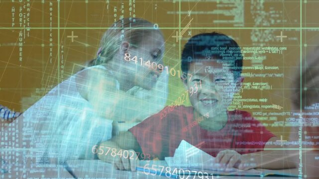 Students collaborating around table in classroom, adding code, numbers and grid graphics to paper