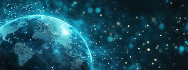 Obraz premium A digital representation of Earth with a network of connections and glowing particles.