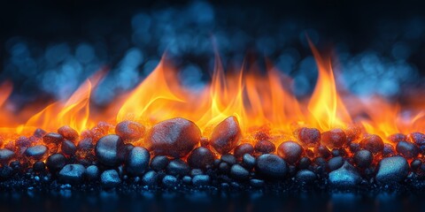 Glowing coals and bright flames on metal stones with blue background