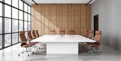 Empty modern boardroom interior with brown leather chairs around a white table, bright daylight cityscape background, wood panel wall, business concept, Ai generative