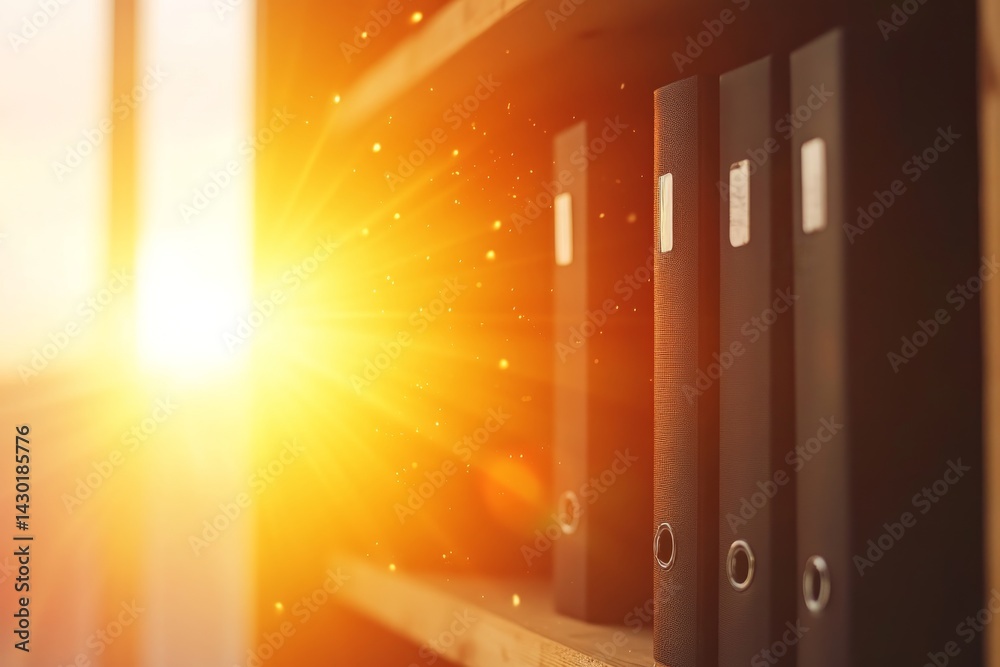 Poster a single black binder rests on a sunlit wooden shelf, surrounded by soft dust motes dancing in warm 