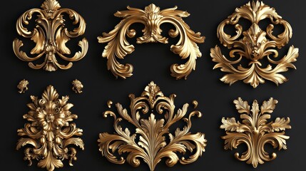 Collection of ornate gold floral and leaf design elements isolated on black background.