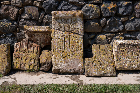 Armenian khachkars in the courtyard of Sevanavank Monastery