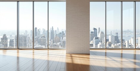 Fototapeta premium Spacious empty interior with large floor-to-ceiling glass windows, wood flooring, white brick wall, cityscape background, concept of urban lifestyle. Ai generative