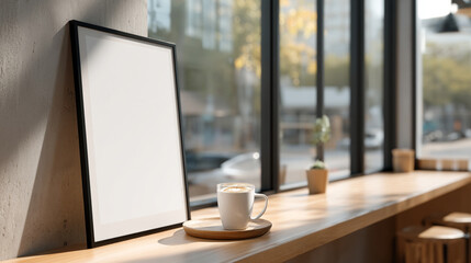 Blank frame mockup with coffee cup on table near window in cafe for art display and advertising design