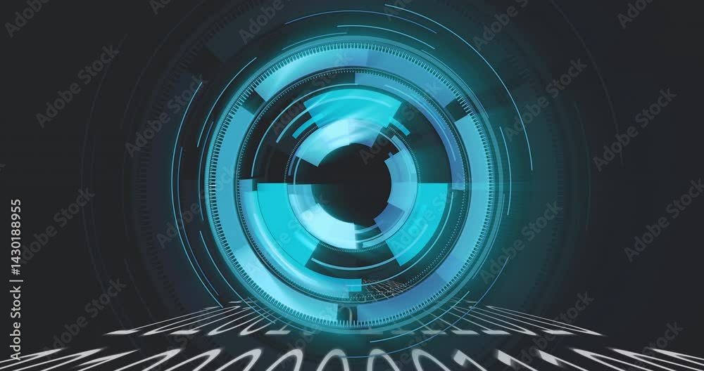 Poster glowing circular interface being rendered floating above binary code plane cyan?blue 3d style