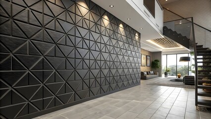 Modern interior with black geometric wall panels, tiled floor and stylish furniture in daylight. Design for interior and wallpaper