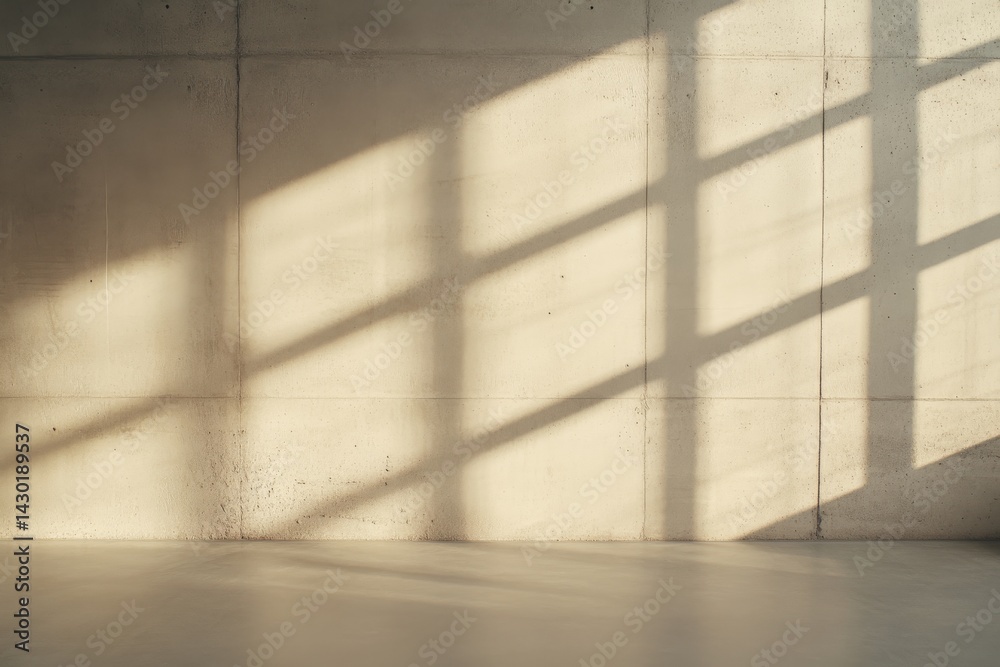 Fototapete Faint cracks adorn a smooth cement wall, where dappled sunlight filters through a patterned window, casting intricate shadows and creating an inviting space