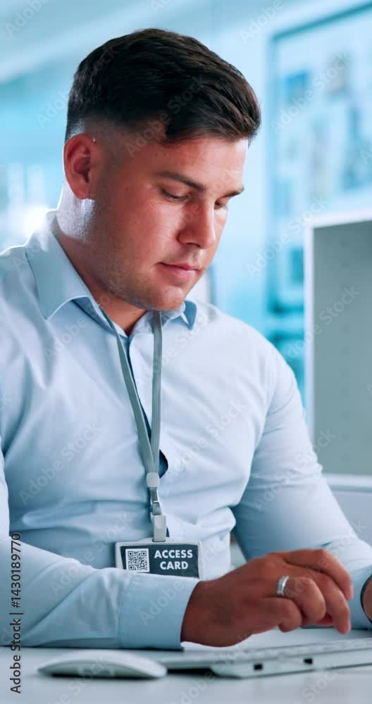 Aufkleber Computer, keyboard and typing with business man at desk in office for online report or research. Internet, planning and reading with employee in professional workplace for administration or feedback