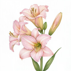 Fototapeta premium illustration of Daylily flowers, summer flowers, soft watercolor tones, white background, detailed illustration, cartoonish.