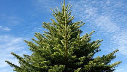 Lush evergreen Christmas tree against a partly cloudy sky