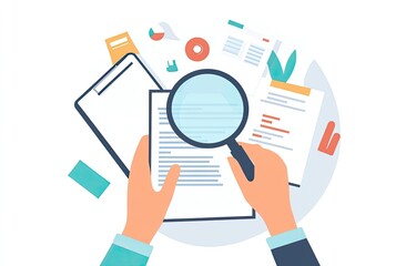 Analyzing documents with a magnifying glass.  Hands examine detailed reports and data