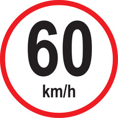 round 60 kilometers per hour speed limit traffic sign with red border and white background isolated