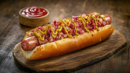 A hot dog with ketchup, mustard, onions, and relish on a wooden board.