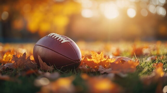 A football resting on colorful autumn leaves in a serene outdoor setting.