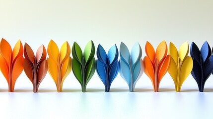 Colorful paper flowers line up on a white surface