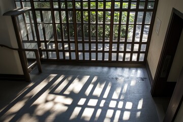 Interior hallway with a lattice window, sunlight casting shadows on the floor