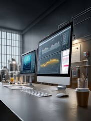 Naklejka premium A Modern Workspace Featuring Dual Monitors Delivering Insights into the Future of Intelligent Automation Technology