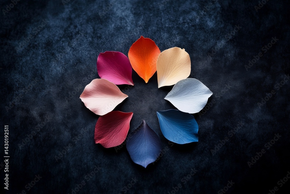 Aufkleber colorful petals from various flowers form a circular arrangement atop black velvet. the striking col